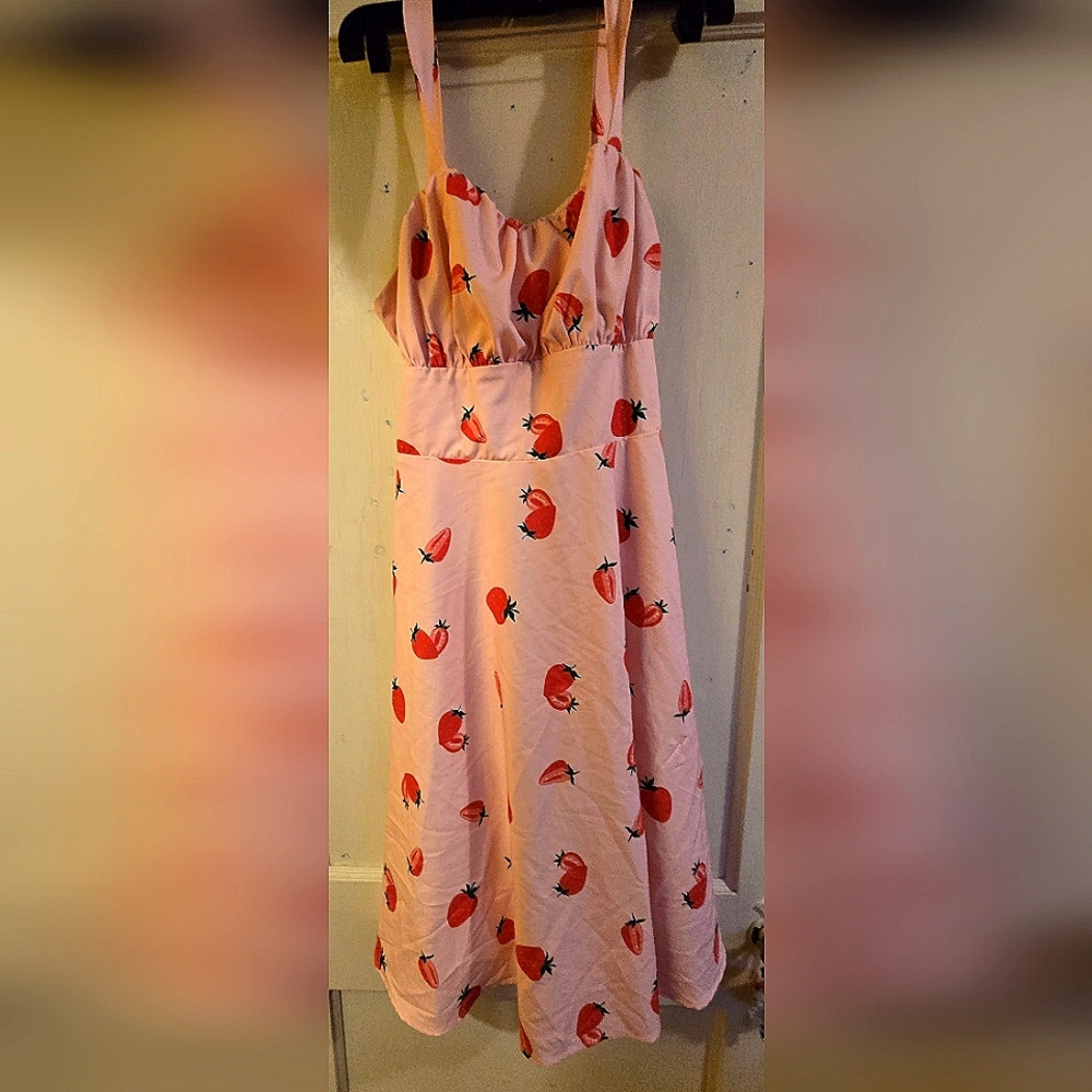 Pink Strawberry Print Dress with Spaghetti Straps